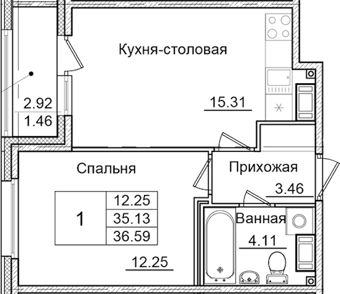 1-комнатная квартира 36.59 м², 9/9 эт., ЖК «Квартал Заречье»
